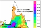 Cairns Cyclone 1920 - rainfall distribution to 4 Feb